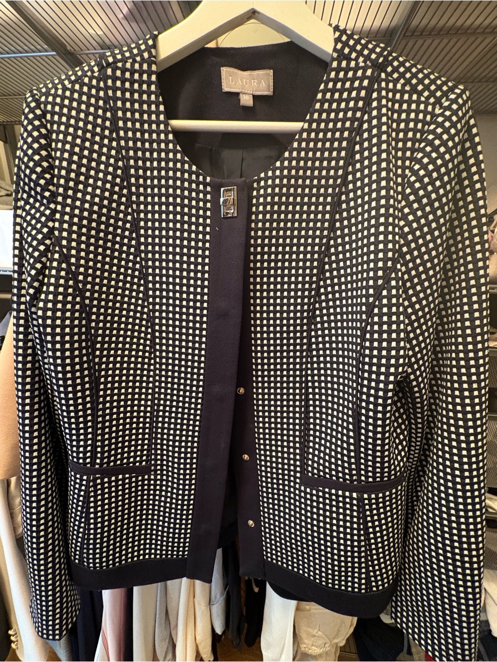 LAURA Blue & White Checked Collarless Blazer and skirt.
